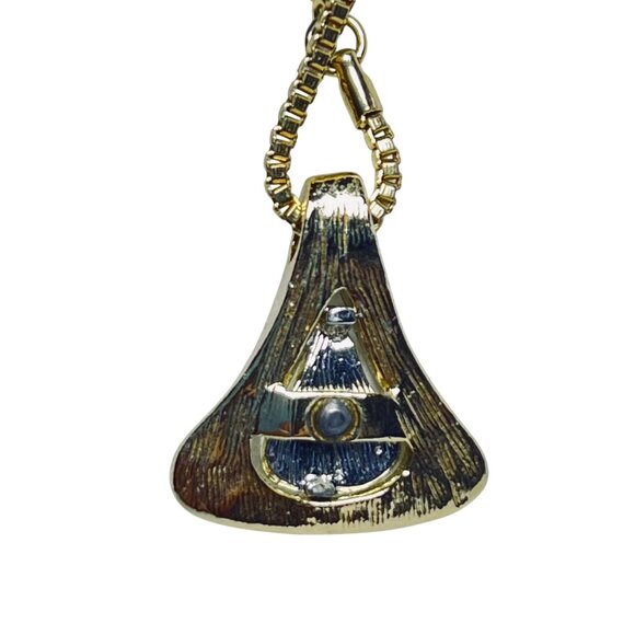 Vintage Gold Tone Box Chain Necklace With Clear Rhinestone Pave Pendant (5682) - Picture 4 of 7